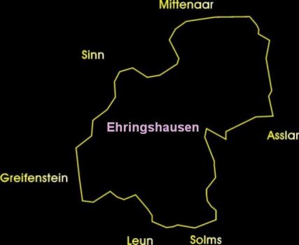 Umrisskarte der Gemeinde Ehringshausen mit den angrenzenden Gemeinden. - Klicken Sie auf die Ortsnamen, um die Grußworte der jeweiligen Bürgermeister zu lesen.